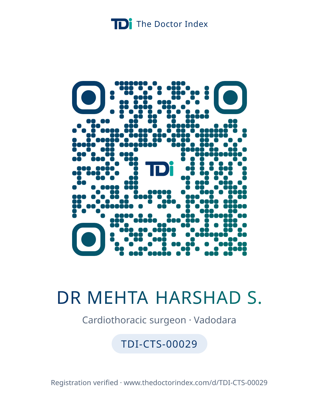 QR card for Dr Mehta Harshad S., TDI-CTS-00029
