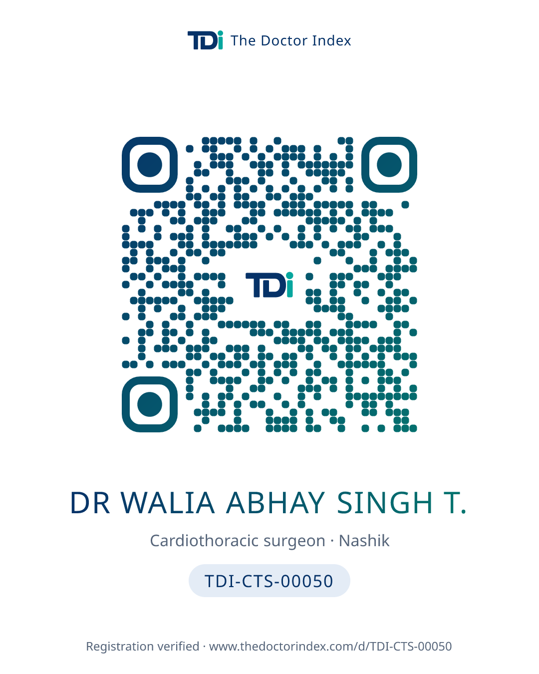 QR card for Dr Walia Abhay Singh T., TDI-CTS-00050