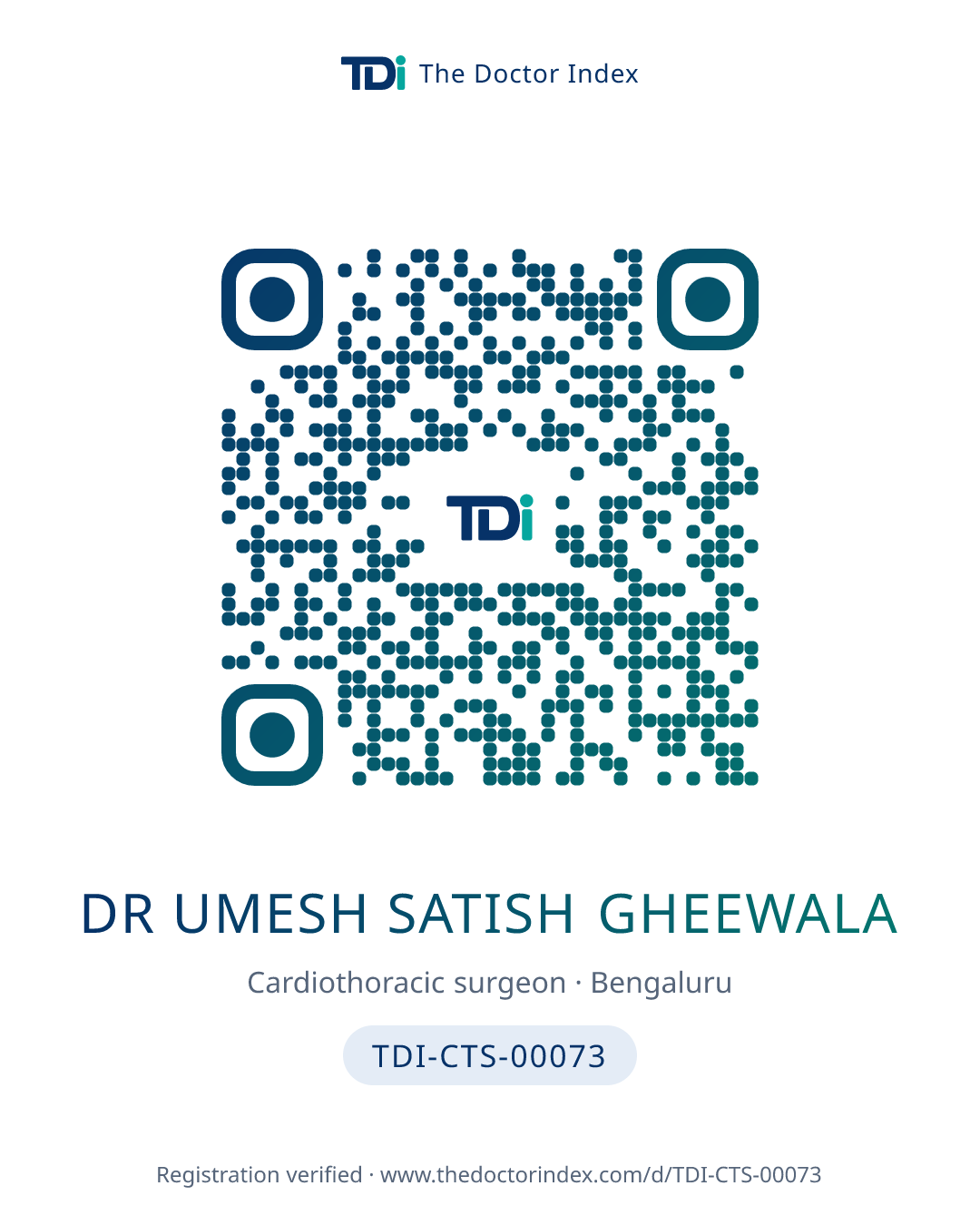 QR card for Dr Umesh Satish Gheewala, TDI-CTS-00073