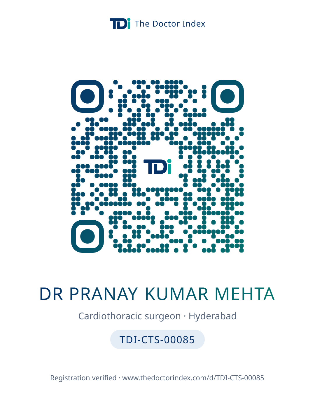 QR card for Dr Pranay Kumar Mehta, TDI-CTS-00085