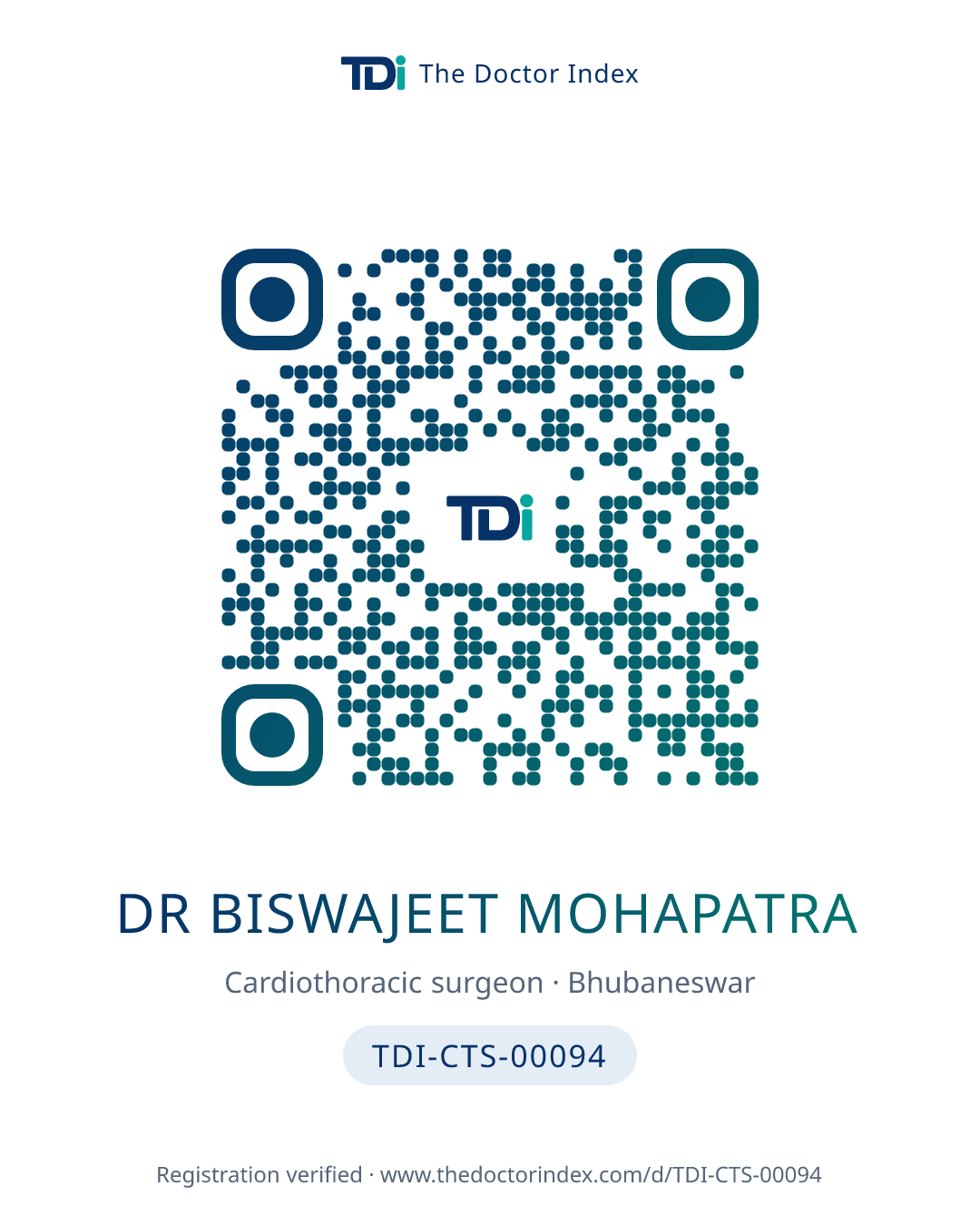 QR card for Dr Biswajeet Mohapatra, TDI-CTS-00094