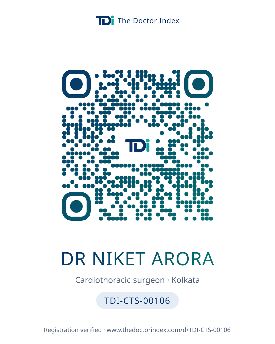 QR card for Dr Niket Arora, TDI-CTS-00106