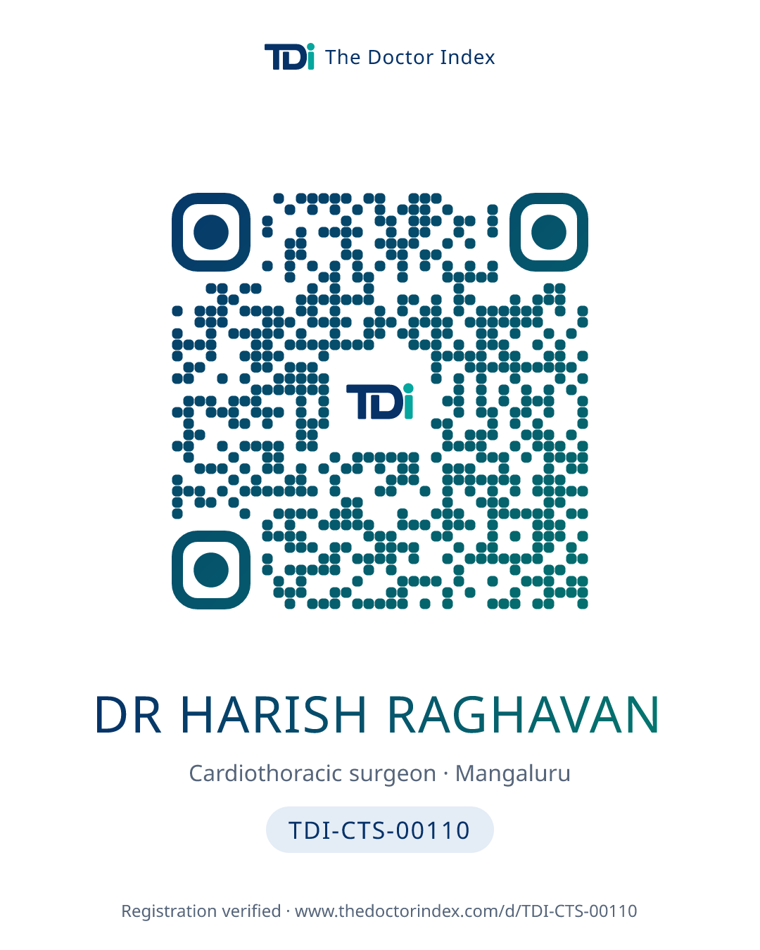QR card for Dr Harish Raghavan, TDI-CTS-00110