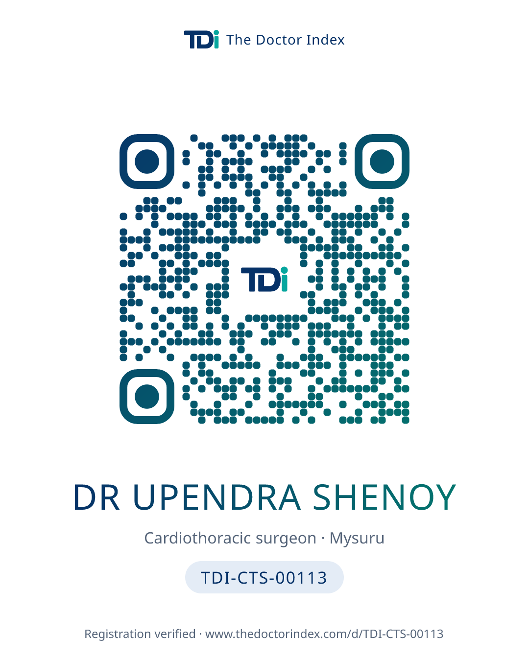 QR card for Dr Upendra Shenoy, TDI-CTS-00113