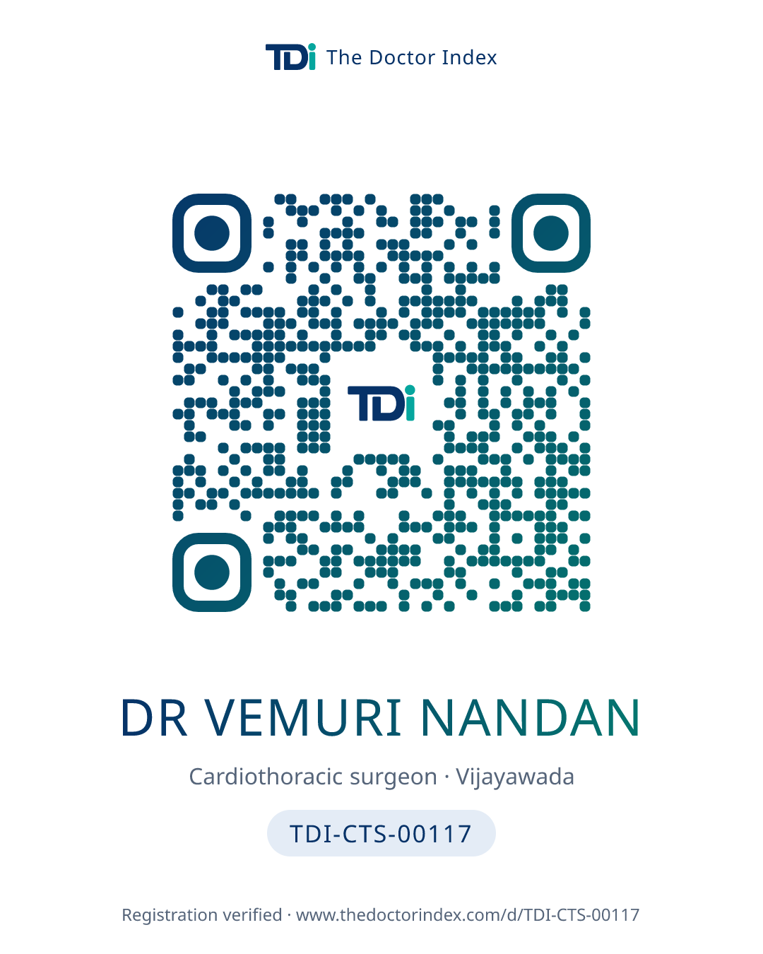 QR card for Dr Vemuri Nandan, TDI-CTS-00117