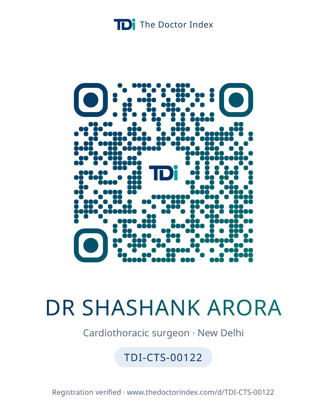 QR card for Dr Shashank Arora, TDI-CTS-00122