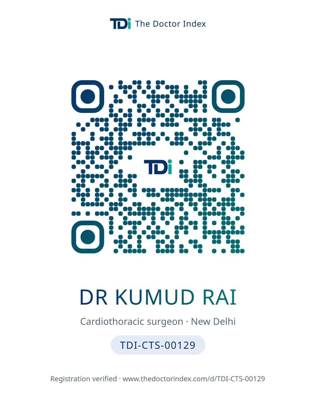 QR card for Dr Kumud Rai, TDI-CTS-00129
