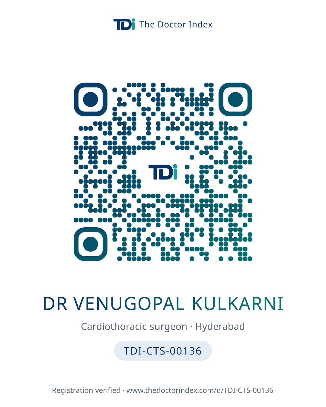 QR card for Dr Venugopal Kulkarni, TDI-CTS-00136