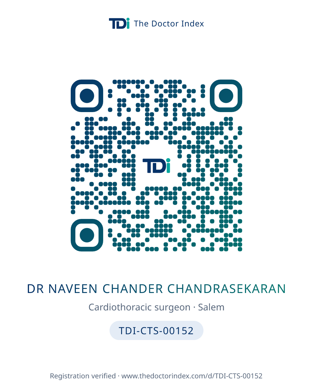 QR card for Dr Naveen Chander Chandrasekaran, TDI-CTS-00152