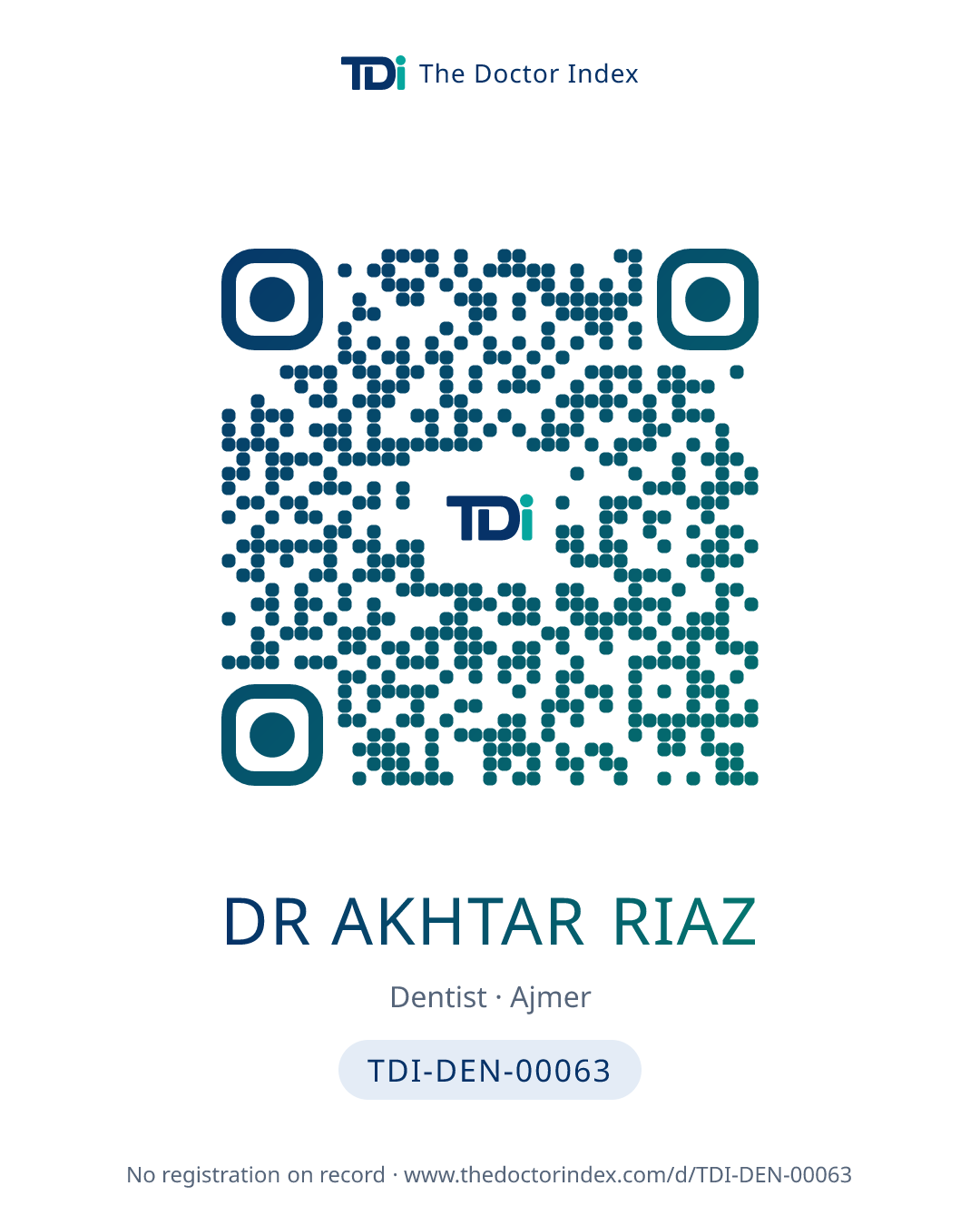 QR card for Dr Akhtar Riaz, TDI-DEN-00063