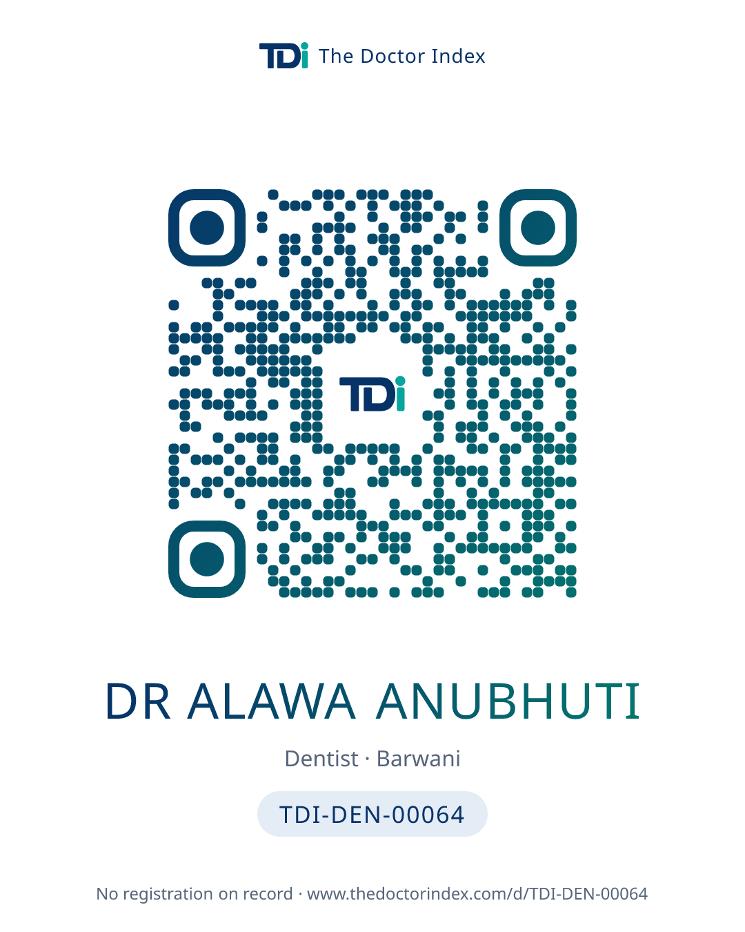 QR card for Dr Alawa Anubhuti, TDI-DEN-00064