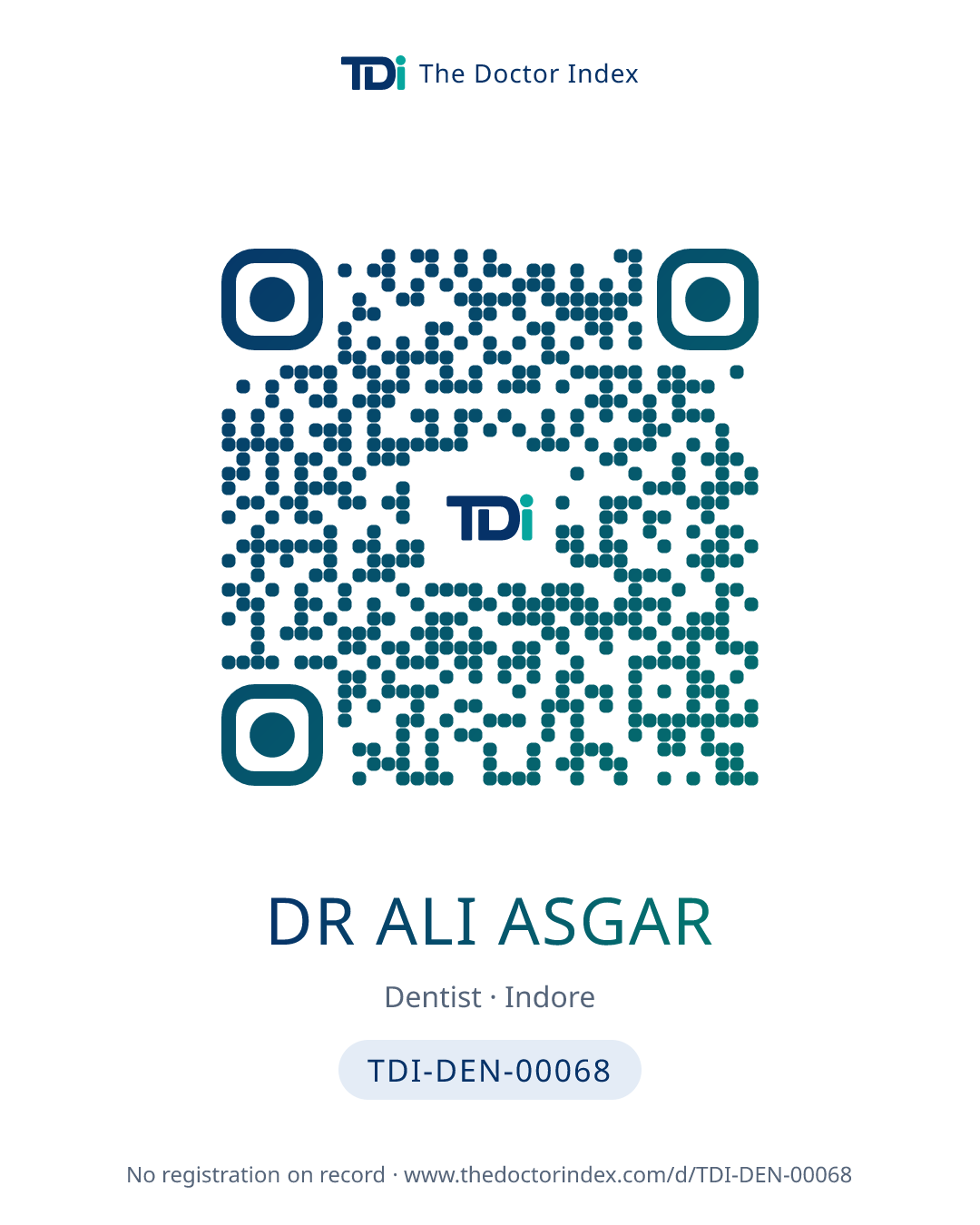QR card for Dr Ali Asgar, TDI-DEN-00068