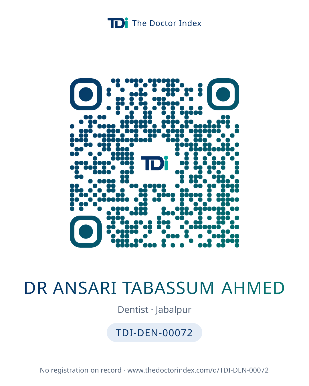QR card for Dr Ansari Tabassum Ahmed, TDI-DEN-00072