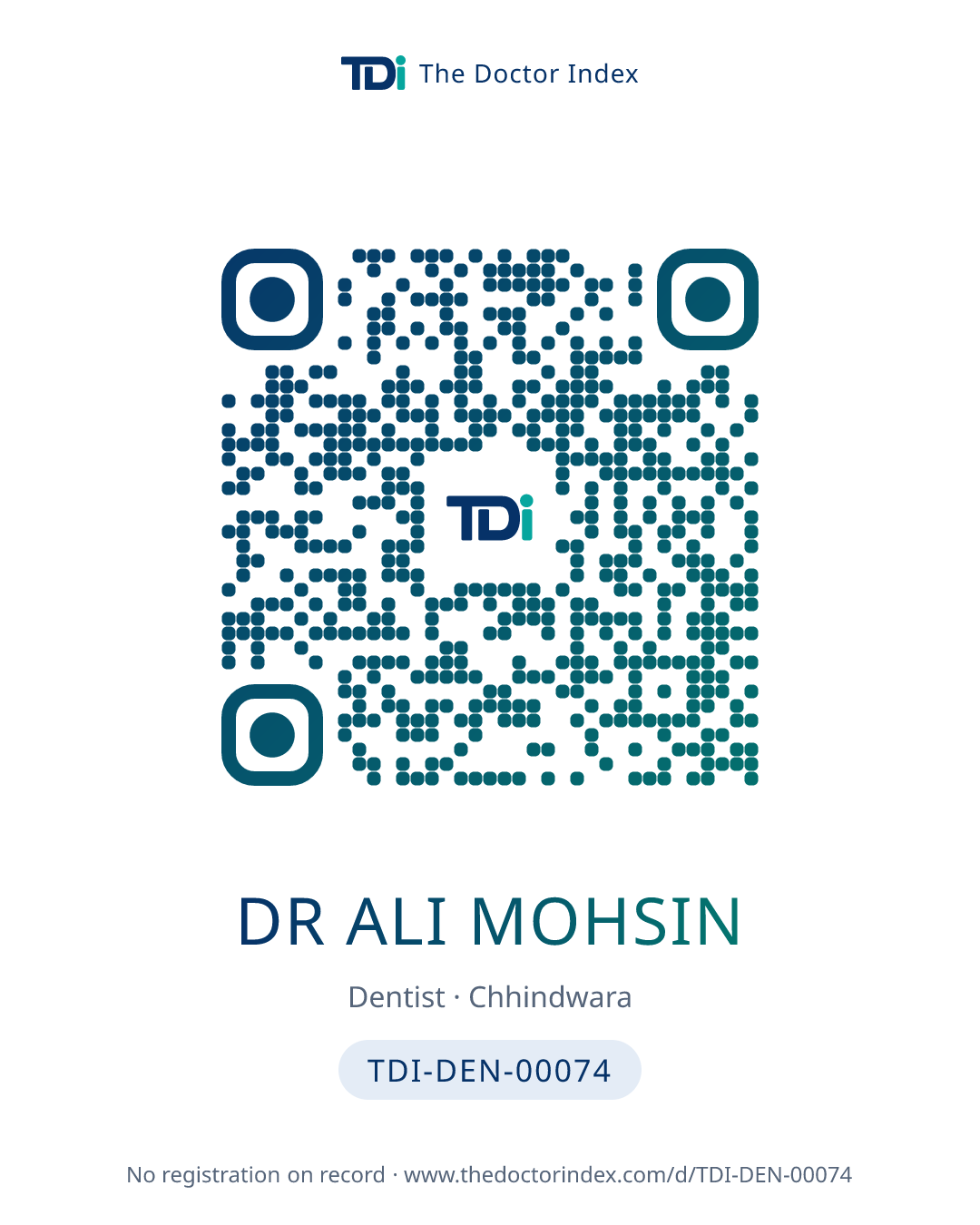 QR card for Dr Ali Mohsin, TDI-DEN-00074