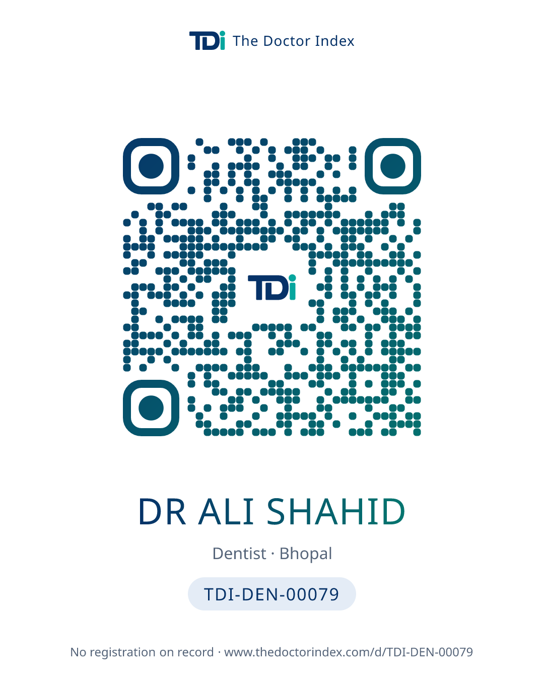 QR card for Dr Ali Shahid, TDI-DEN-00079