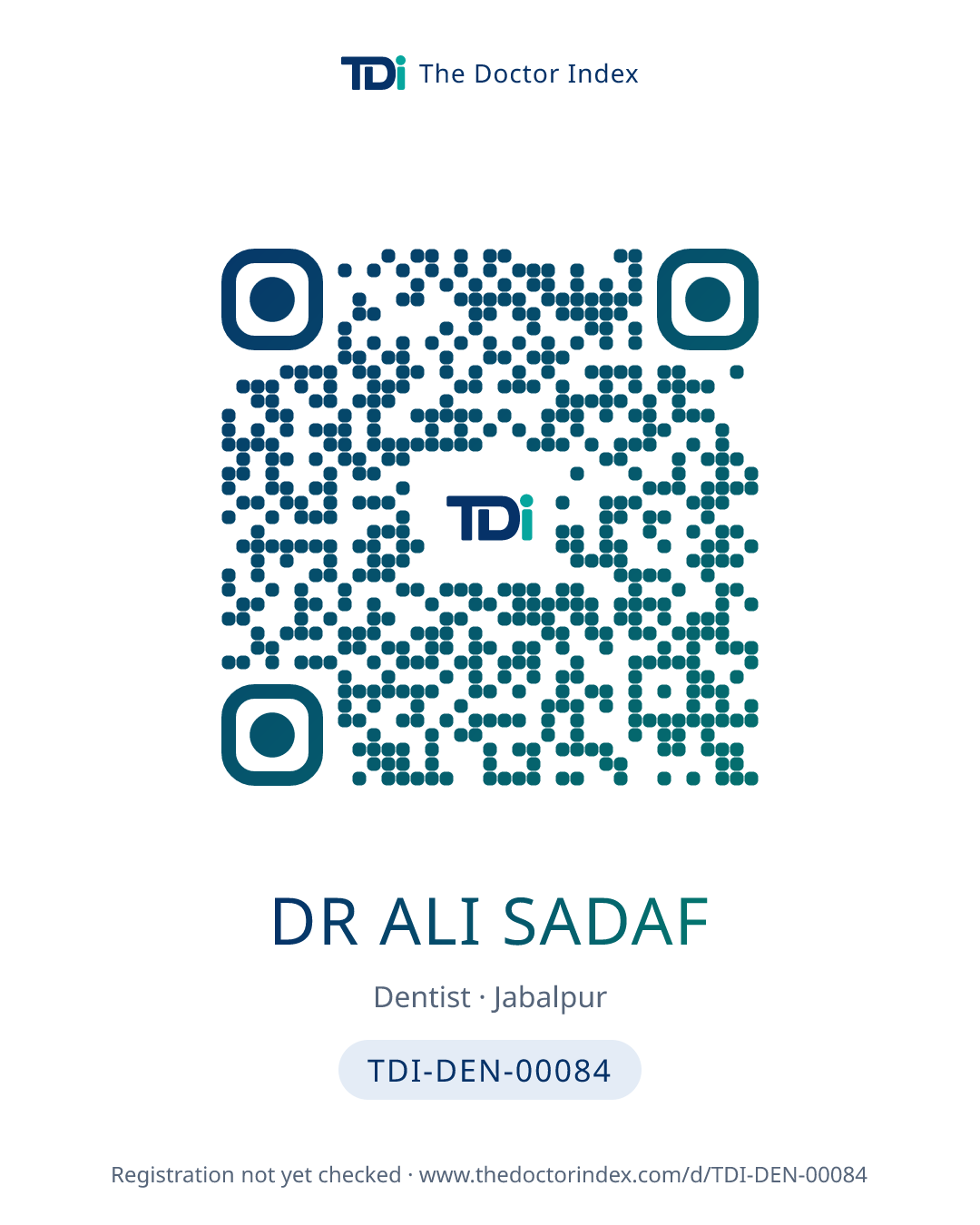 QR card for Dr Ali Sadaf, TDI-DEN-00084