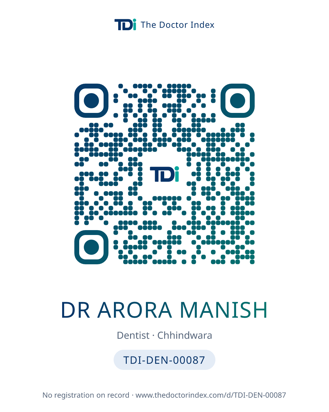 QR card for Dr Arora Manish, TDI-DEN-00087