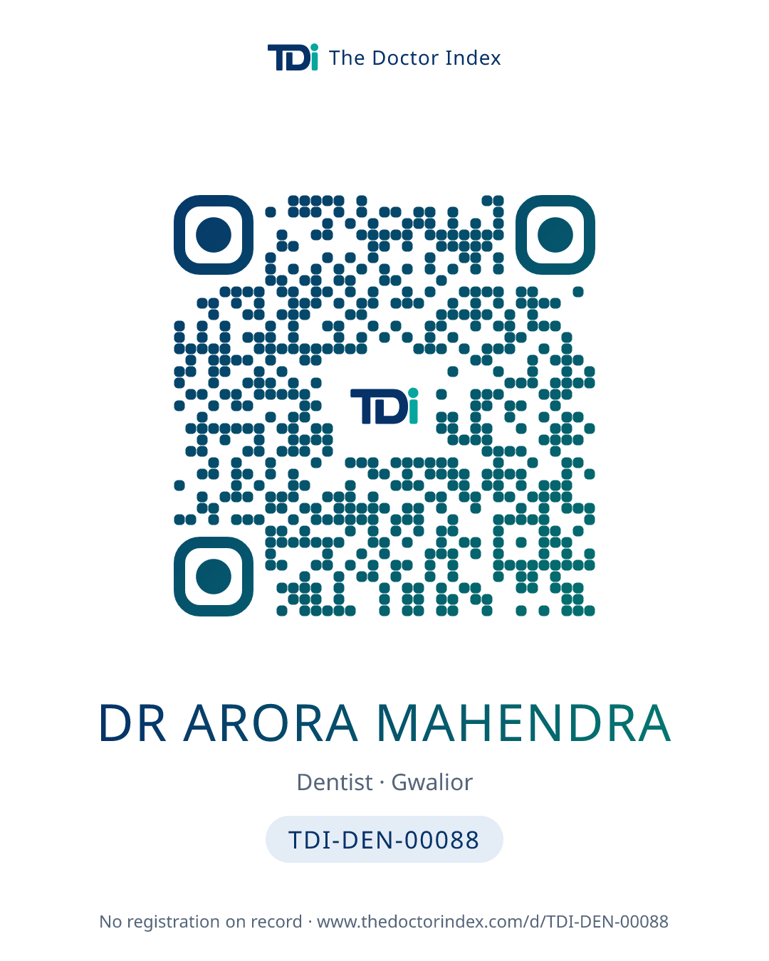 QR card for Dr Arora Mahendra, TDI-DEN-00088