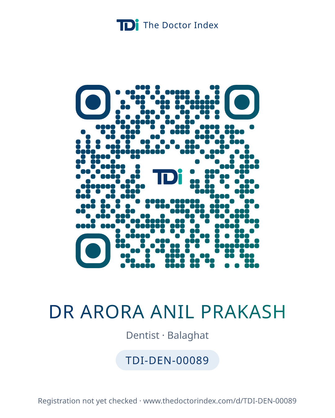 QR card for Dr Arora Anil Prakash, TDI-DEN-00089