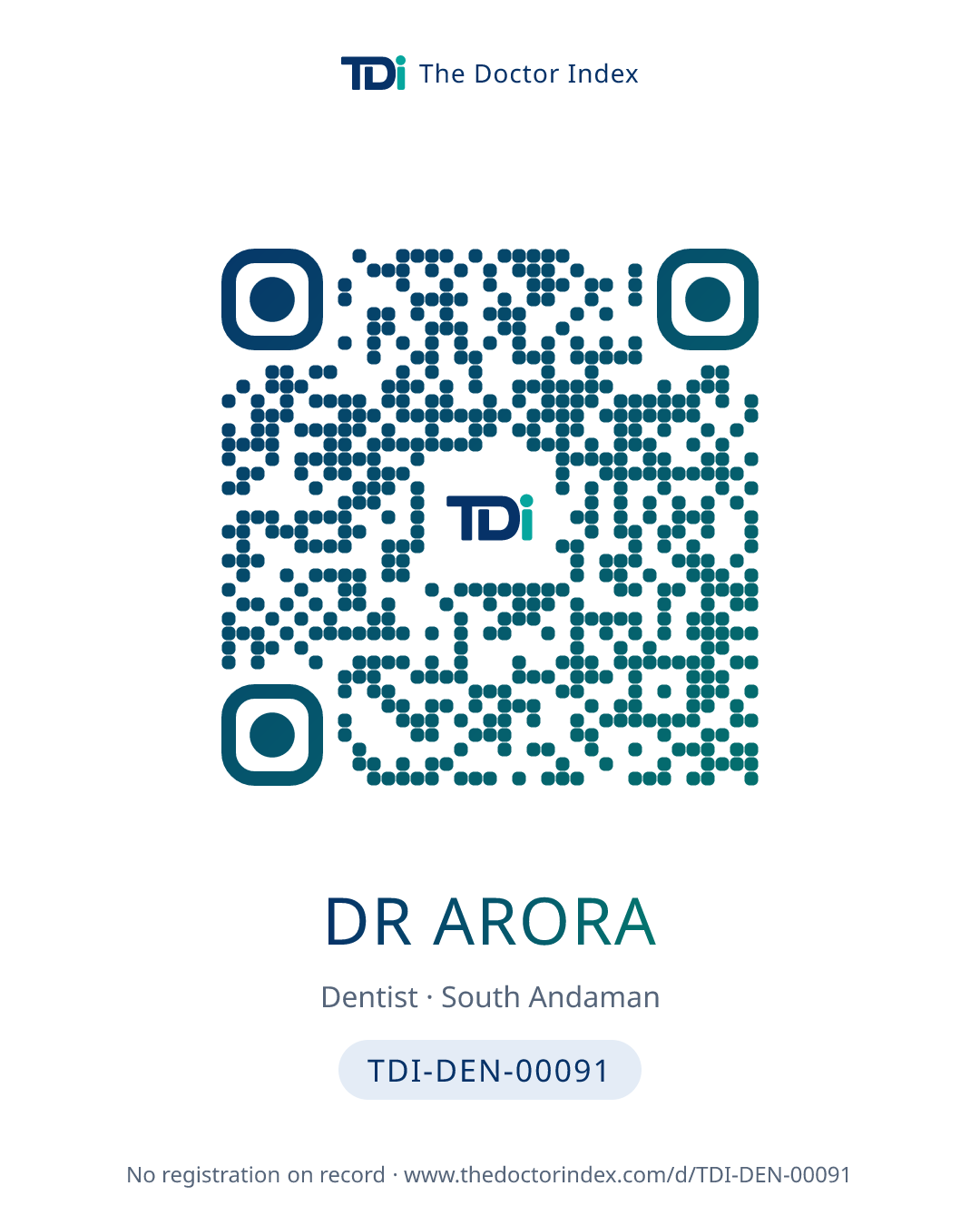 QR card for Dr Arora, TDI-DEN-00091