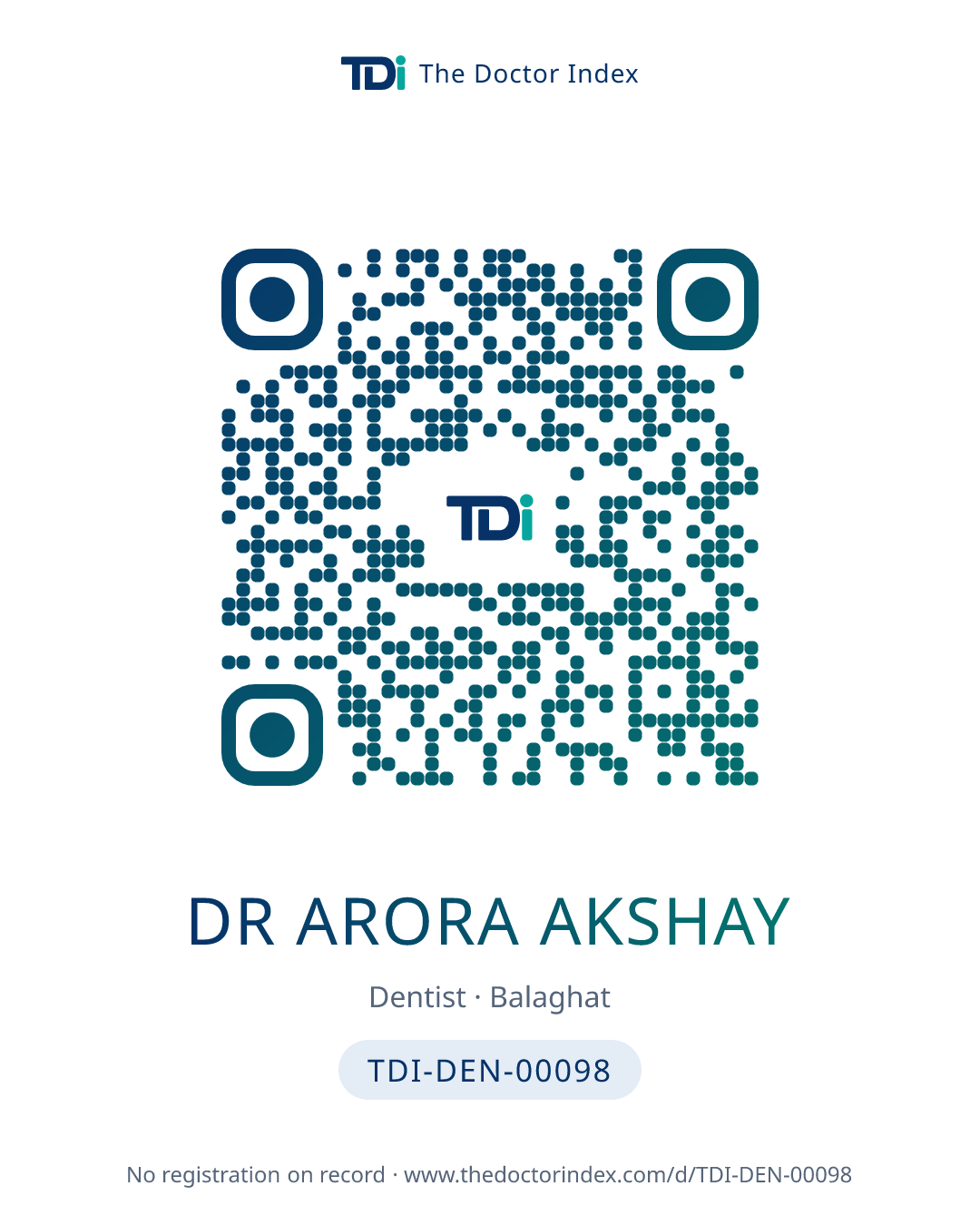QR card for Dr Arora Akshay, TDI-DEN-00098
