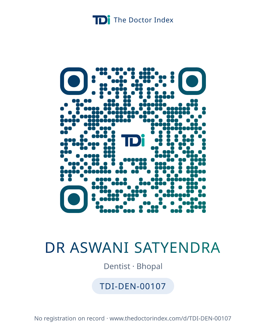 QR card for Dr Aswani Satyendra, TDI-DEN-00107