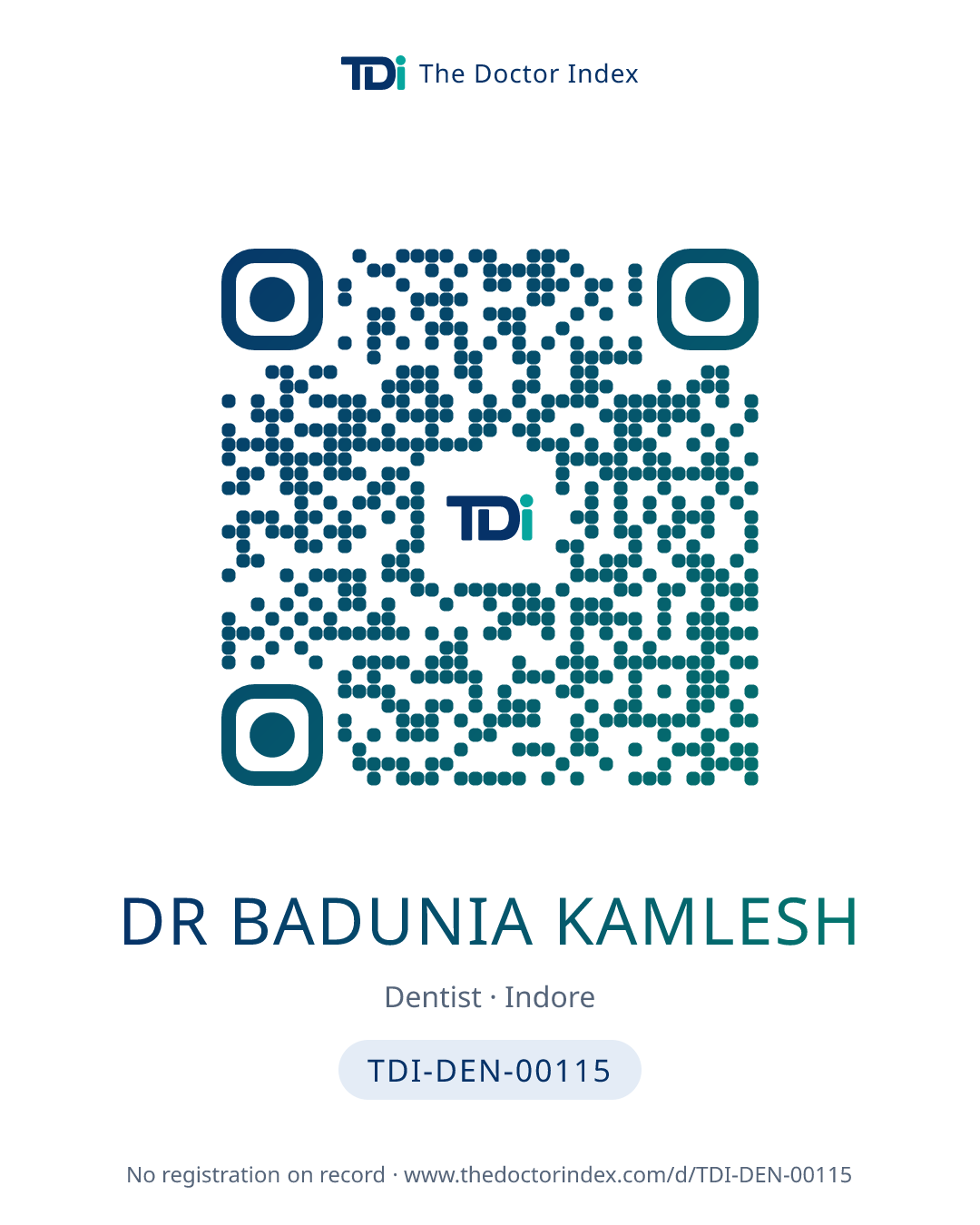 QR card for Dr Badunia Kamlesh, TDI-DEN-00115