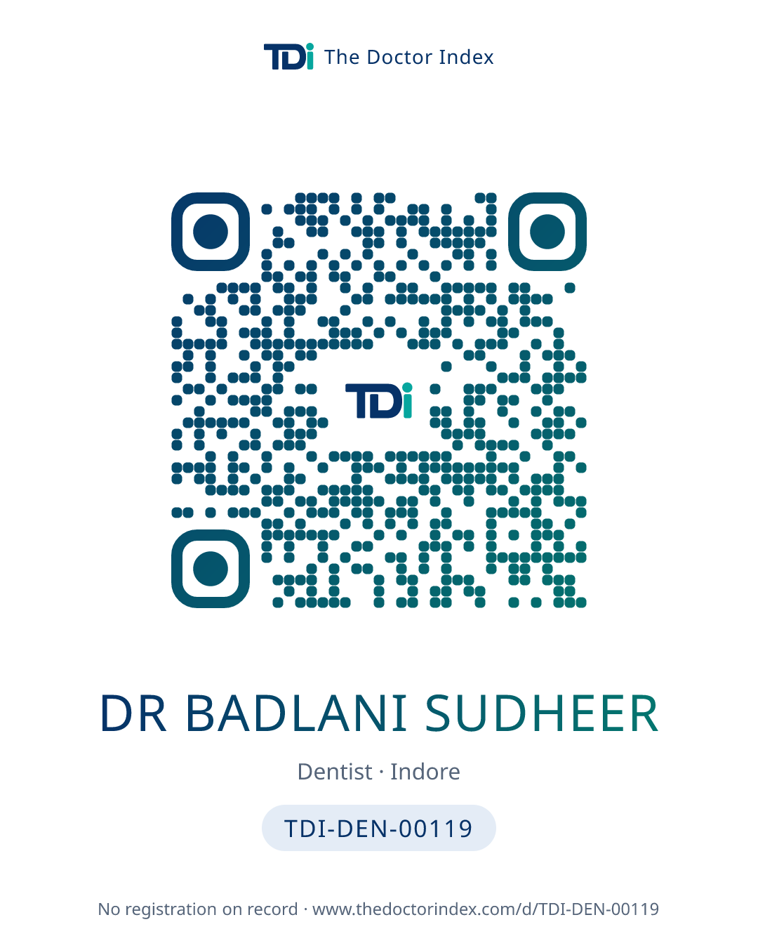 QR card for Dr Badlani Sudheer, TDI-DEN-00119