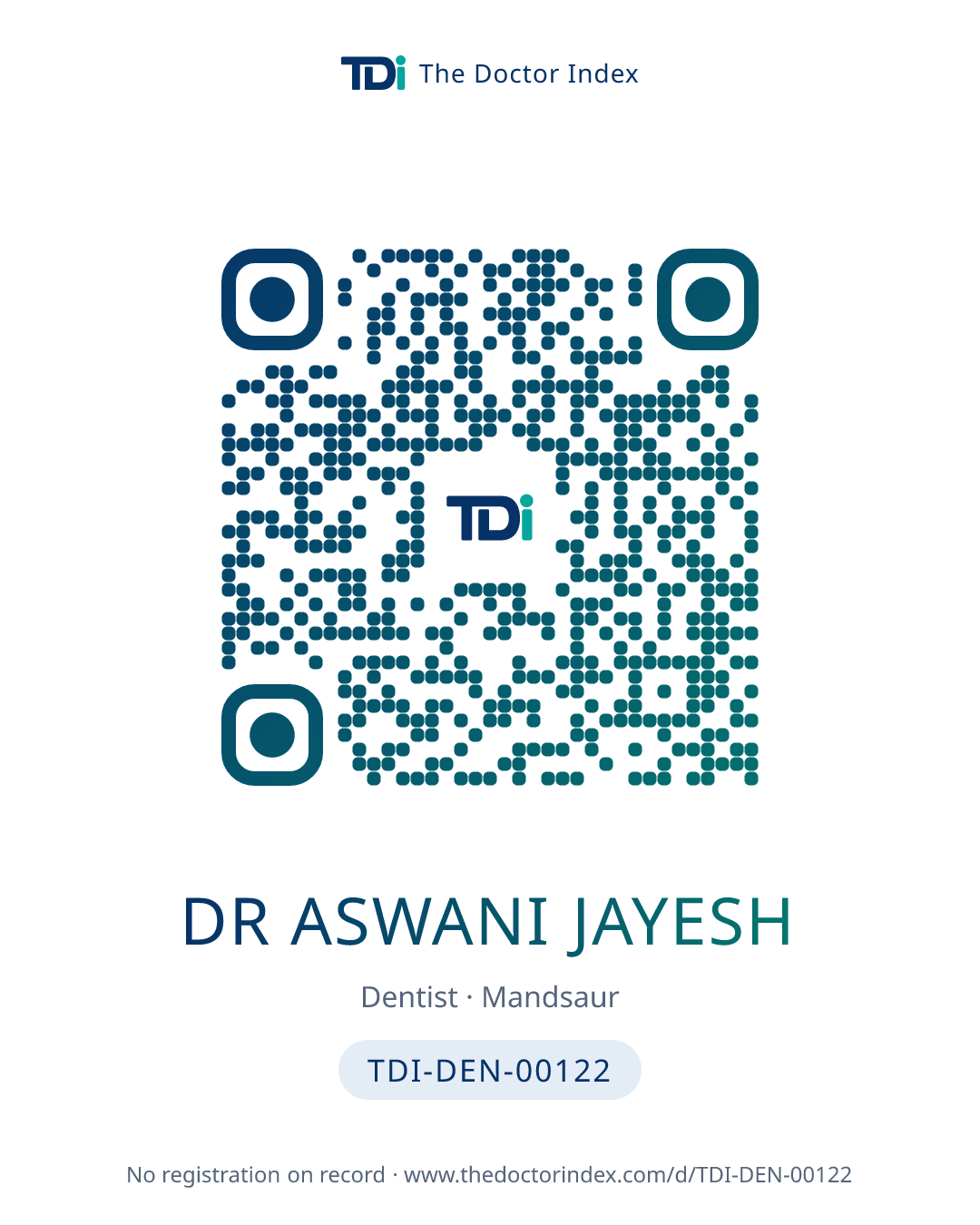 QR card for Dr Aswani Jayesh, TDI-DEN-00122