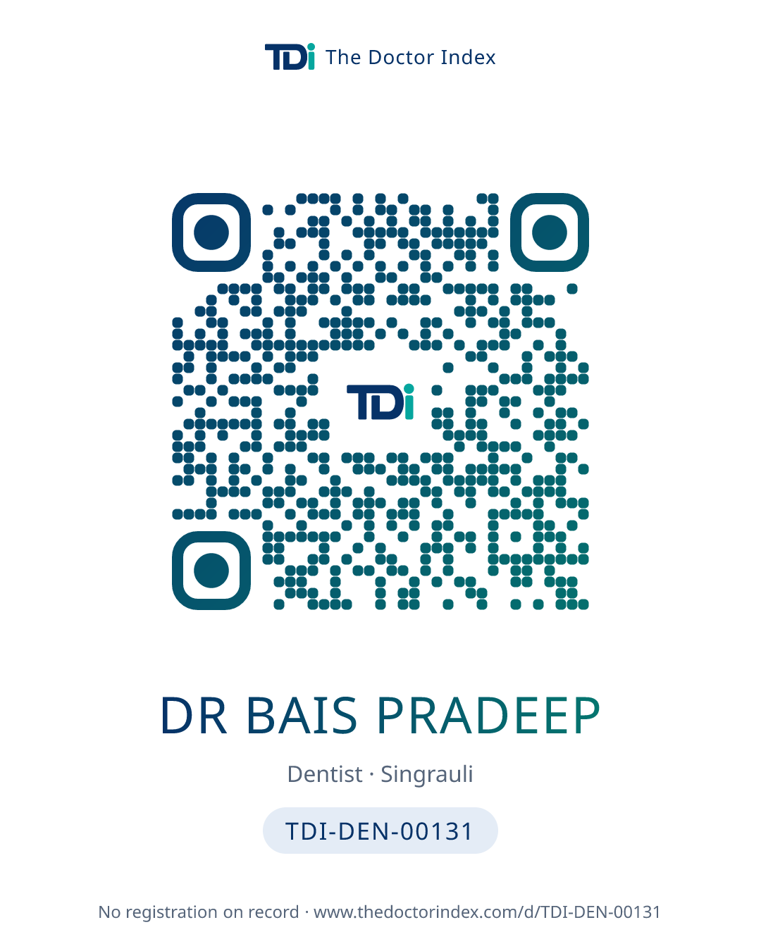 QR card for Dr Bais Pradeep, TDI-DEN-00131