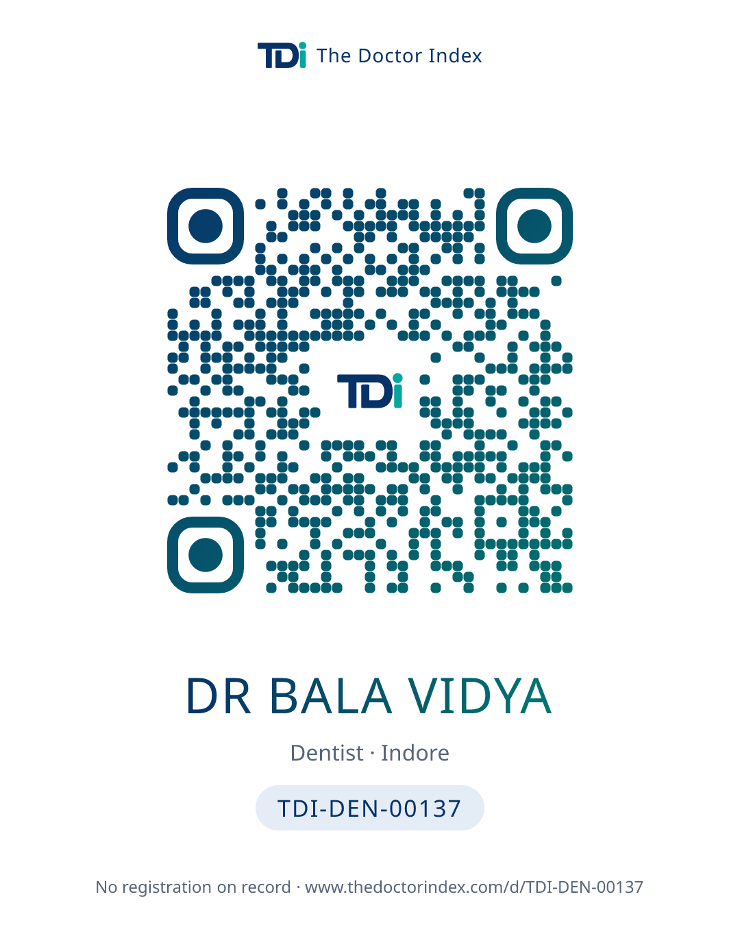 QR card for Dr Bala Vidya, TDI-DEN-00137