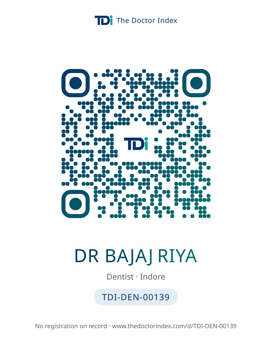 QR card for Dr Bajaj Riya, TDI-DEN-00139
