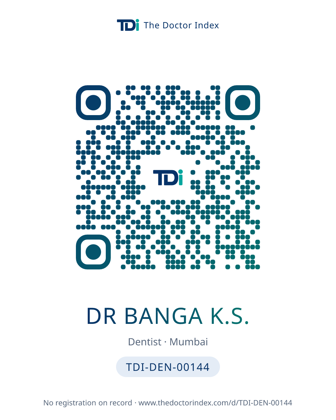 QR card for Dr Banga K.S., TDI-DEN-00144