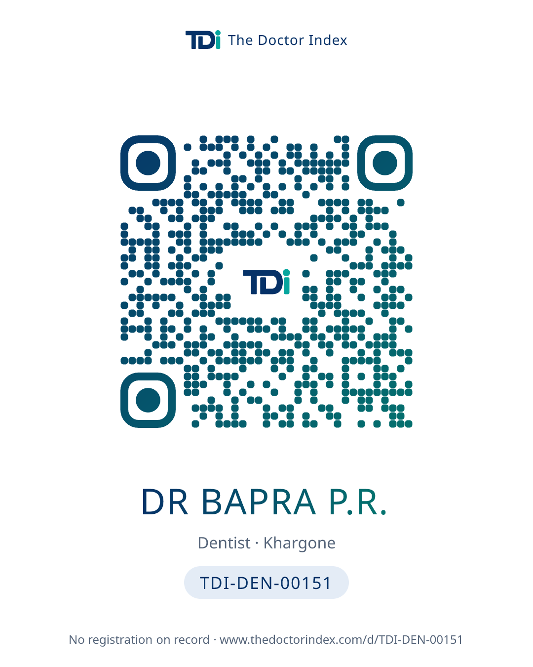 QR card for Dr Bapra P.R., TDI-DEN-00151