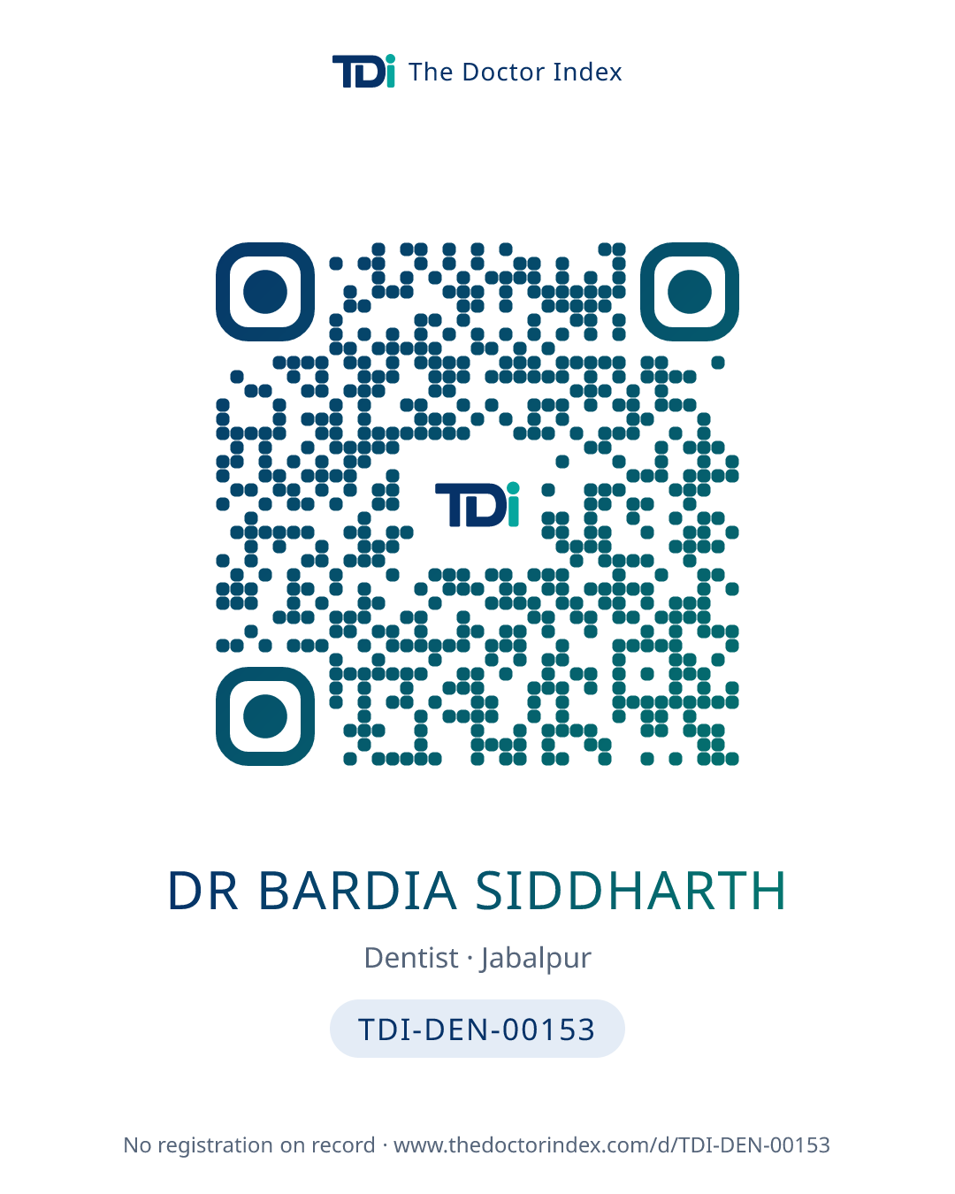 QR card for Dr Bardia Siddharth, TDI-DEN-00153
