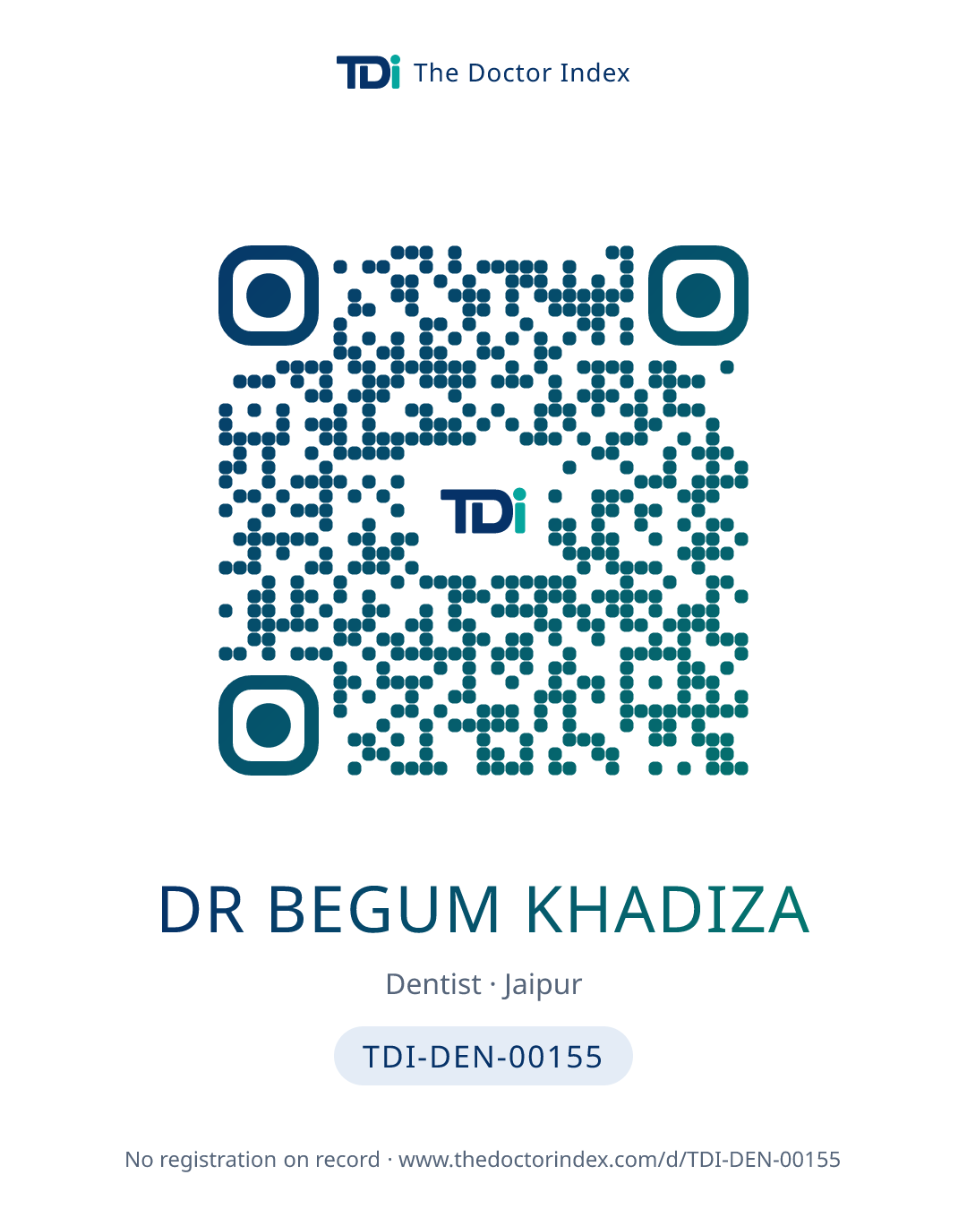 QR card for Dr Begum Khadiza, TDI-DEN-00155