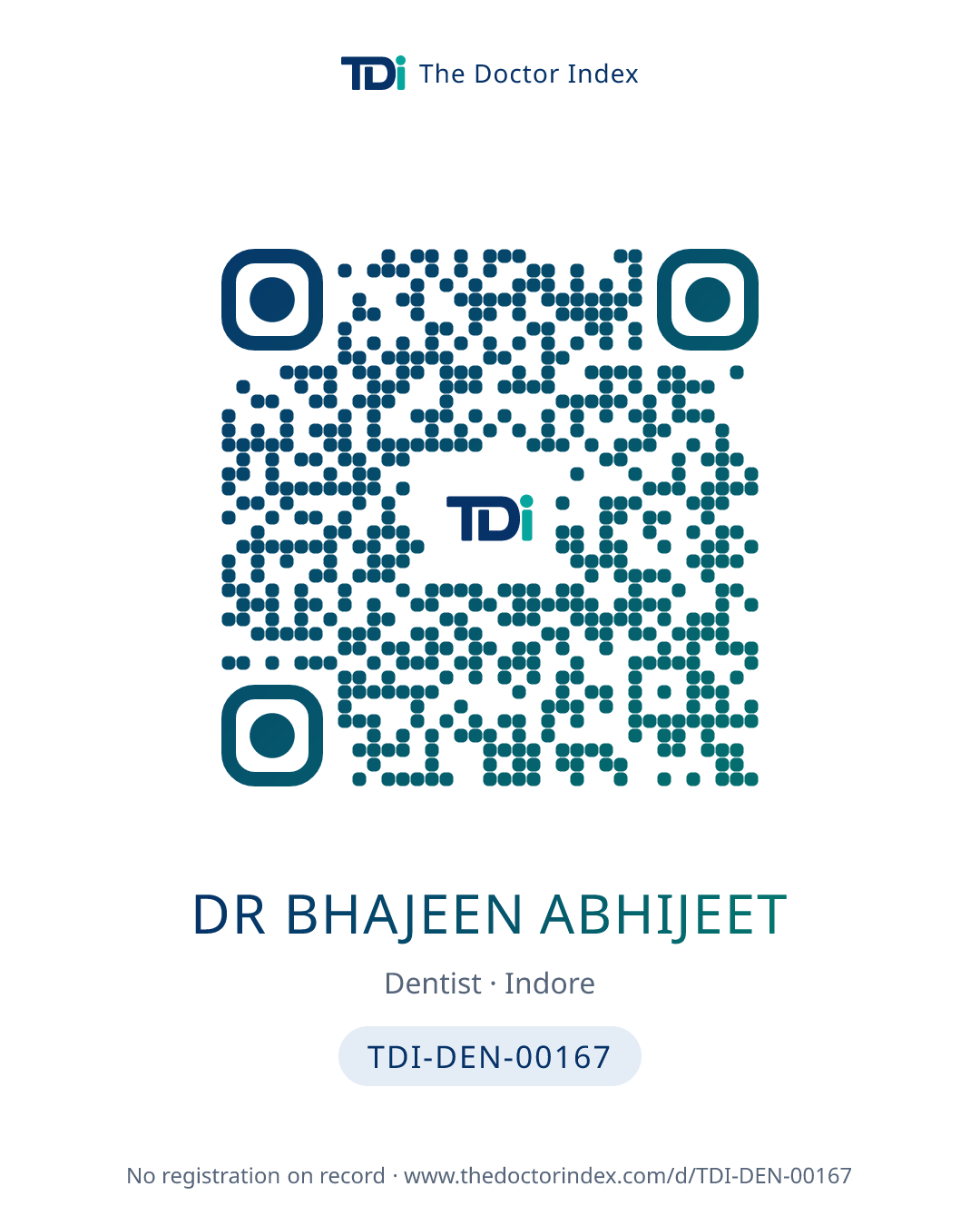 QR card for Dr Bhajeen Abhijeet, TDI-DEN-00167