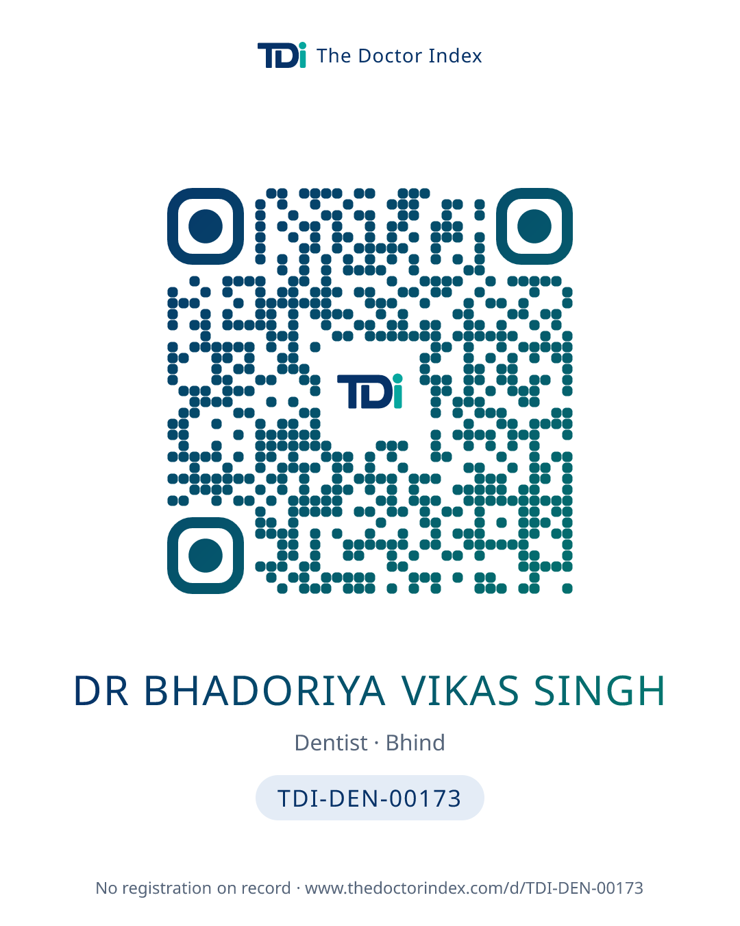 QR card for Dr Bhadoriya Vikas Singh, TDI-DEN-00173