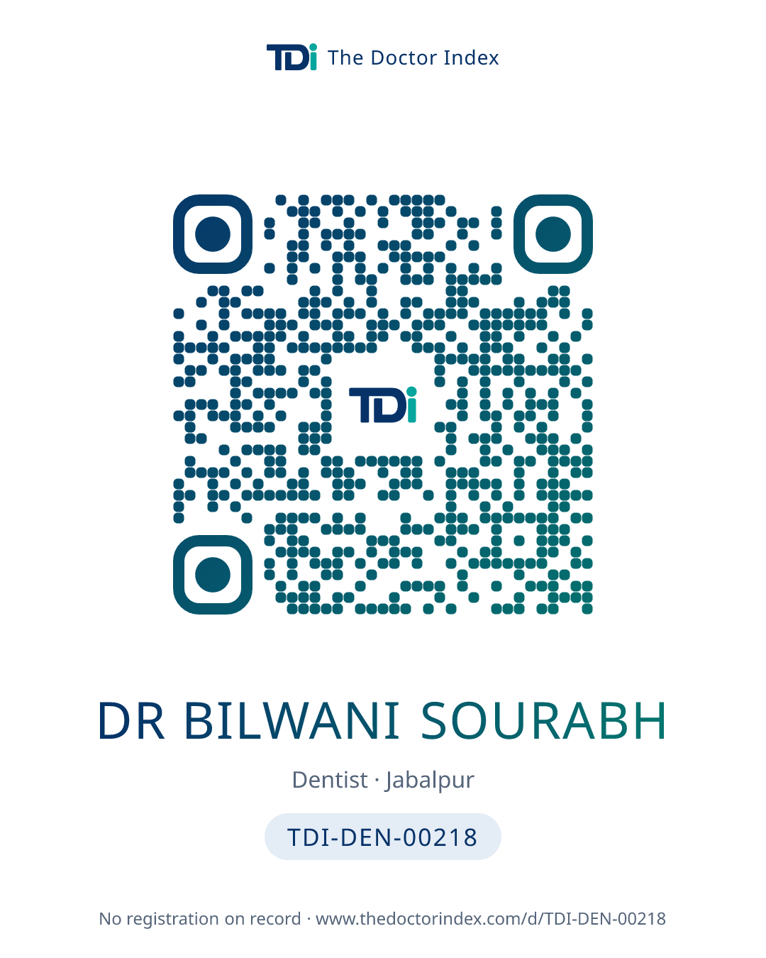QR card for Dr Bilwani Sourabh, TDI-DEN-00218