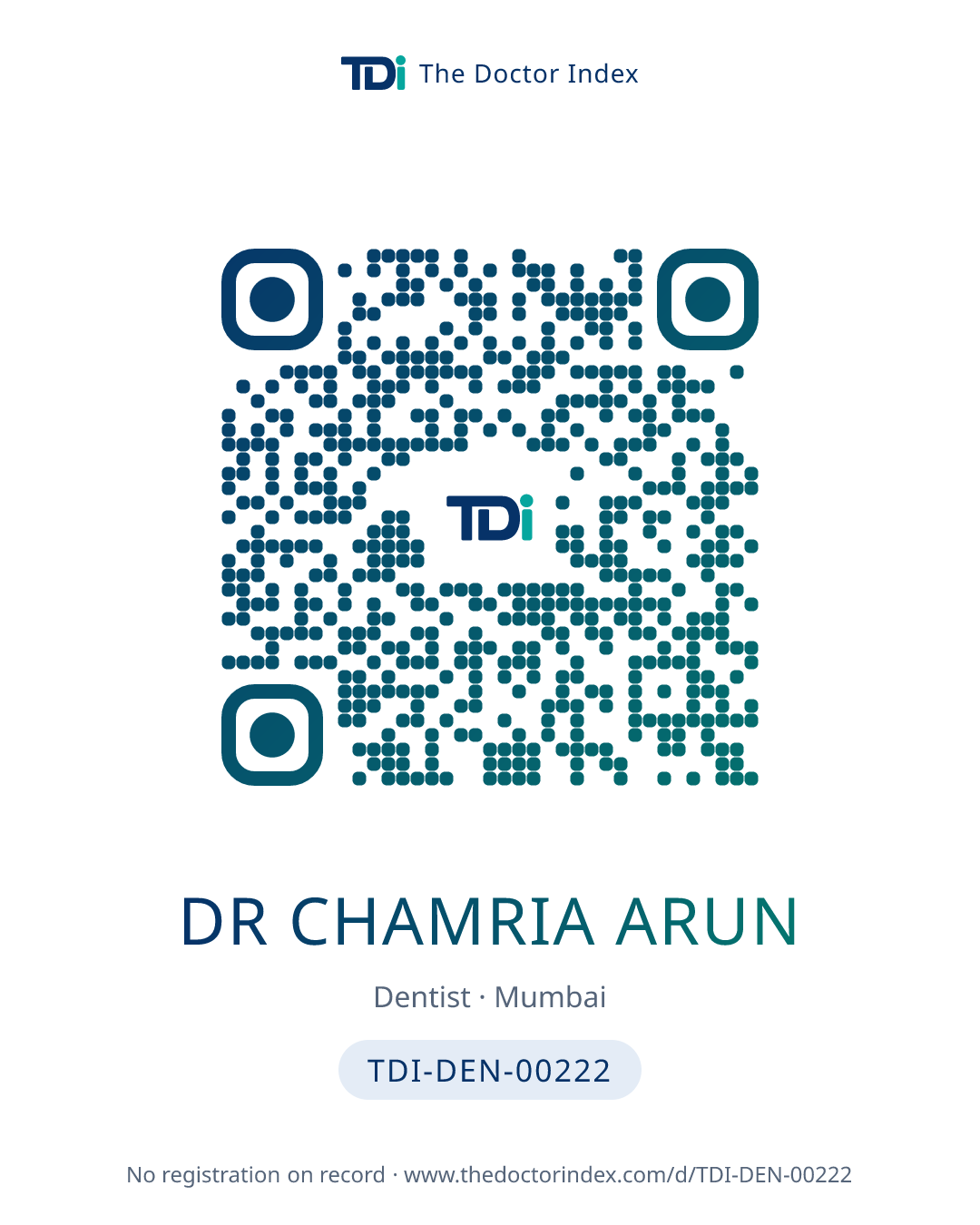 QR card for Dr Chamria Arun, TDI-DEN-00222