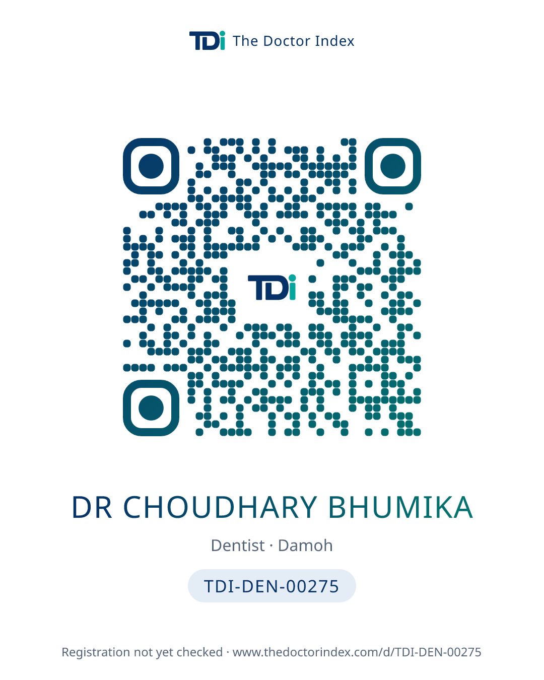 QR card for Dr Choudhary Bhumika, TDI-DEN-00275