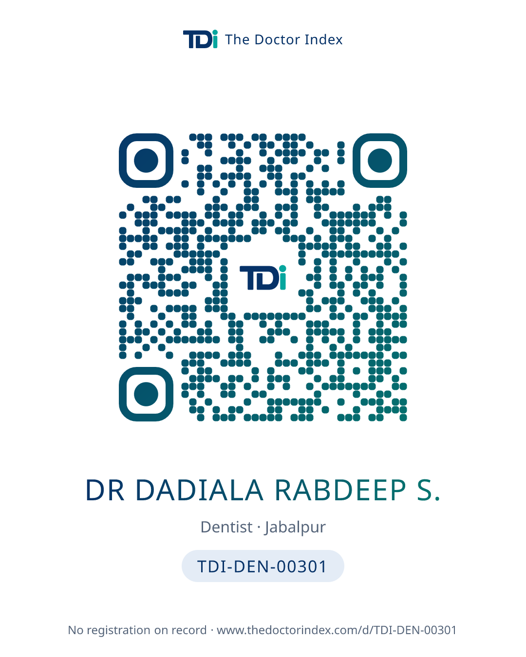 QR card for Dr Dadiala Rabdeep S., TDI-DEN-00301