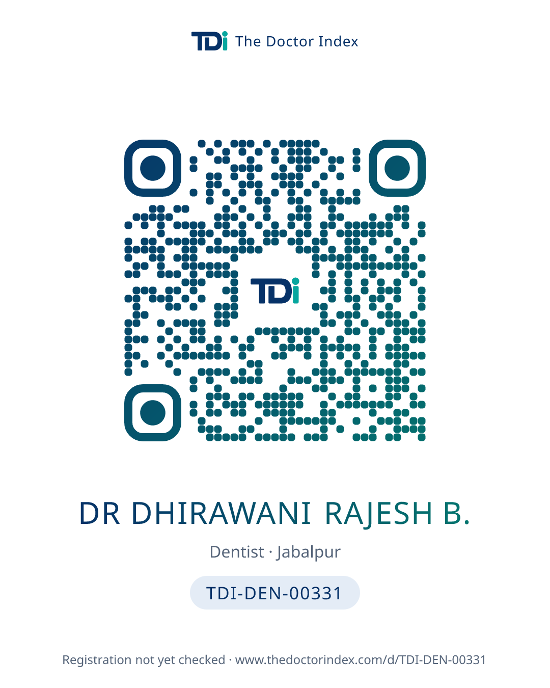 QR card for Dr Dhirawani Rajesh B., TDI-DEN-00331