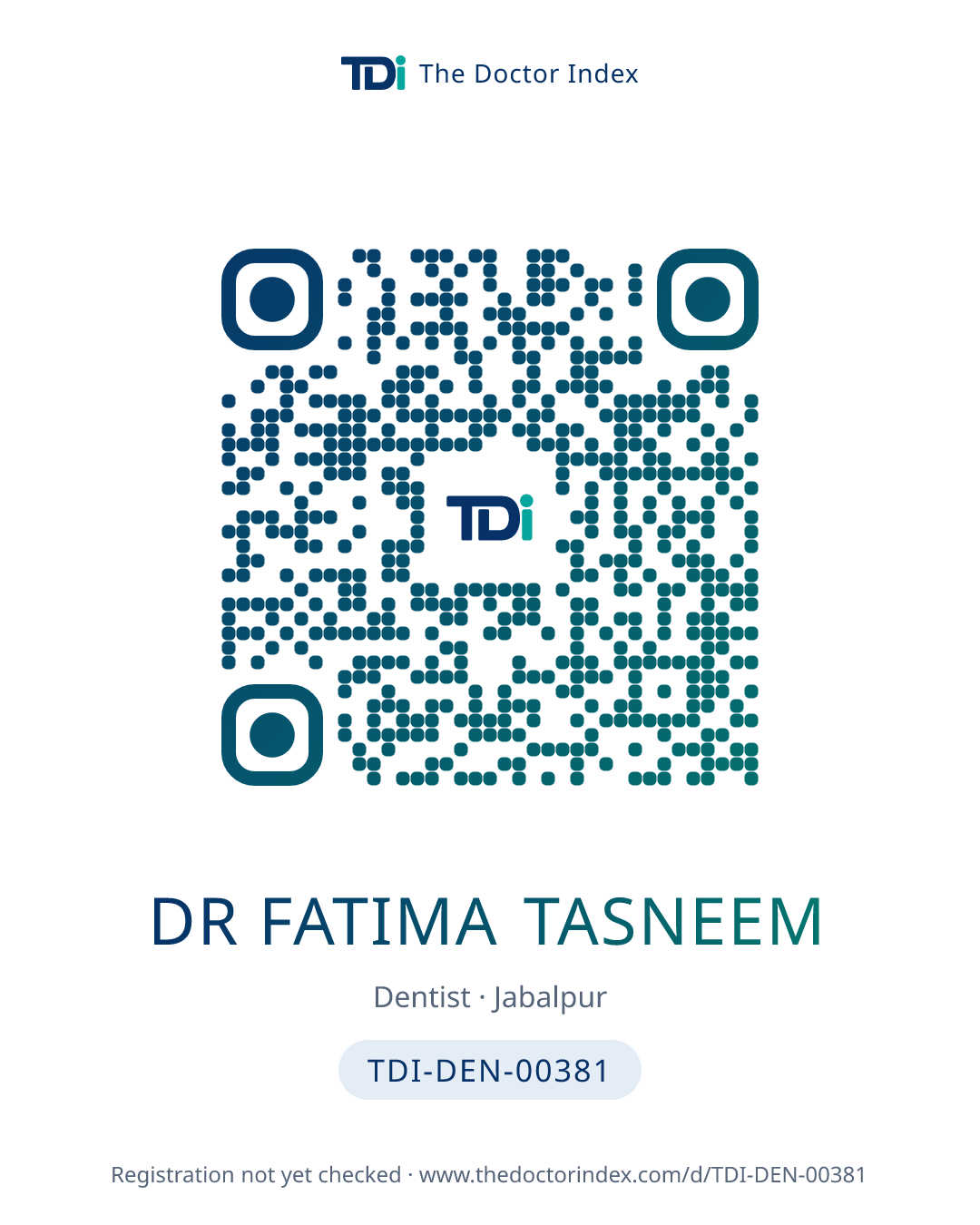 QR card for Dr Fatima Tasneem, TDI-DEN-00381