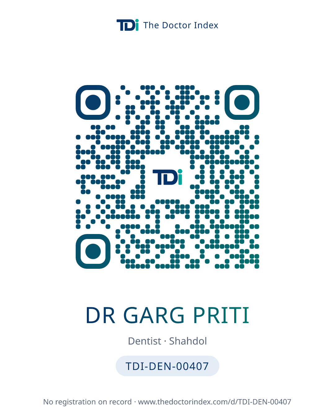 QR card for Dr Garg Priti, TDI-DEN-00407
