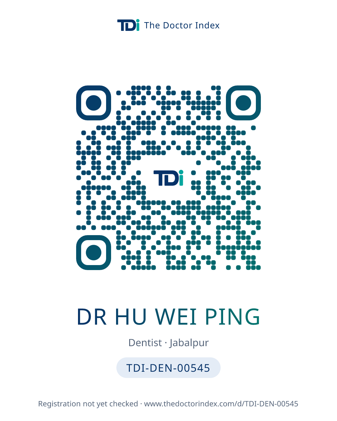 QR card for Dr Hu Wei Ping, TDI-DEN-00545