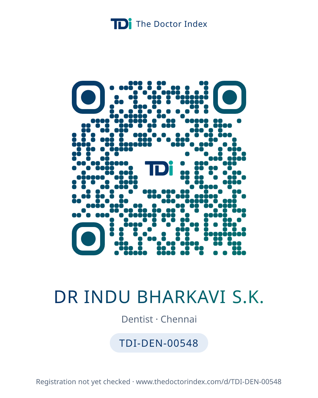 QR card for Dr Indu Bharkavi S.K., TDI-DEN-00548