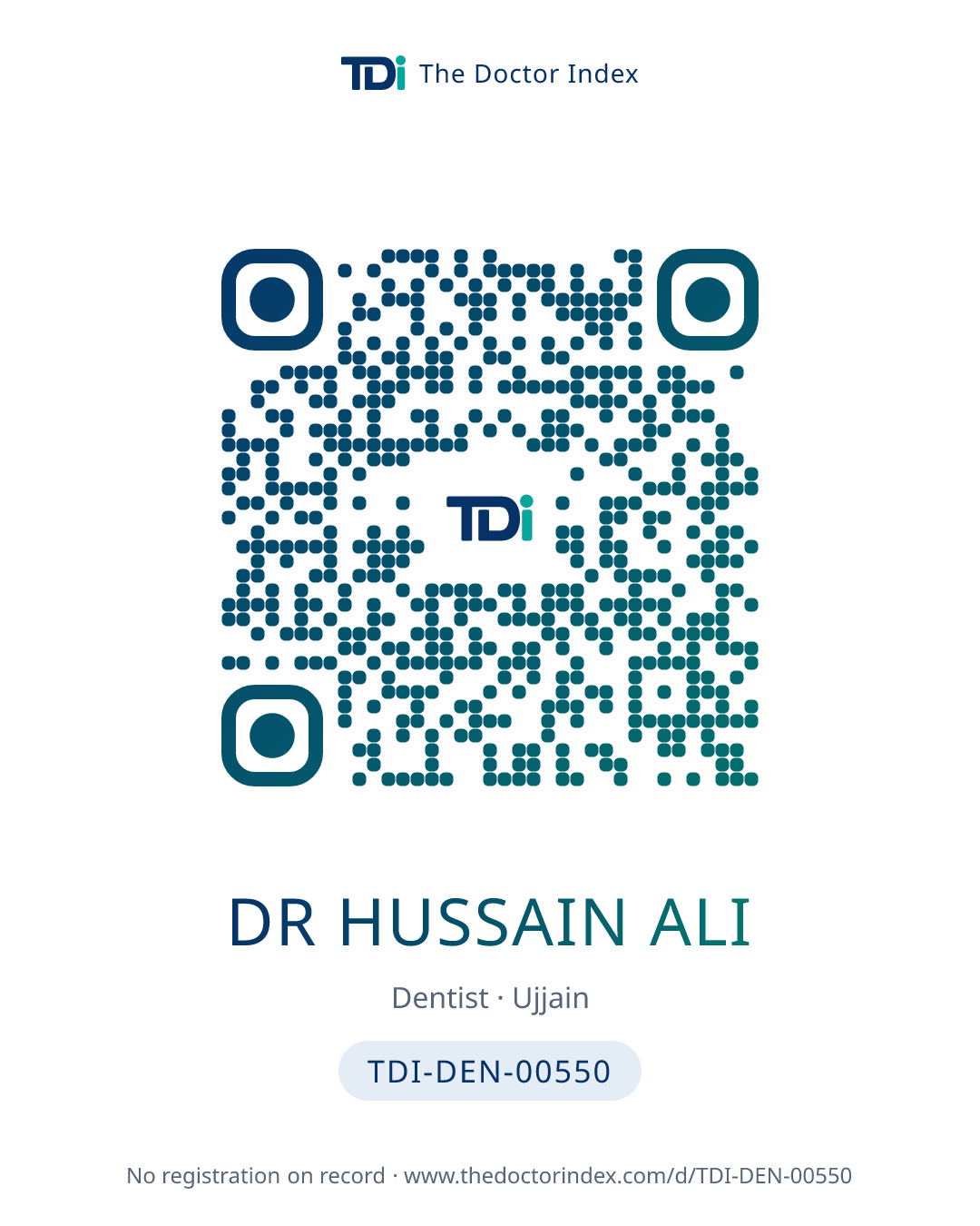 QR card for Dr Hussain Ali, TDI-DEN-00550