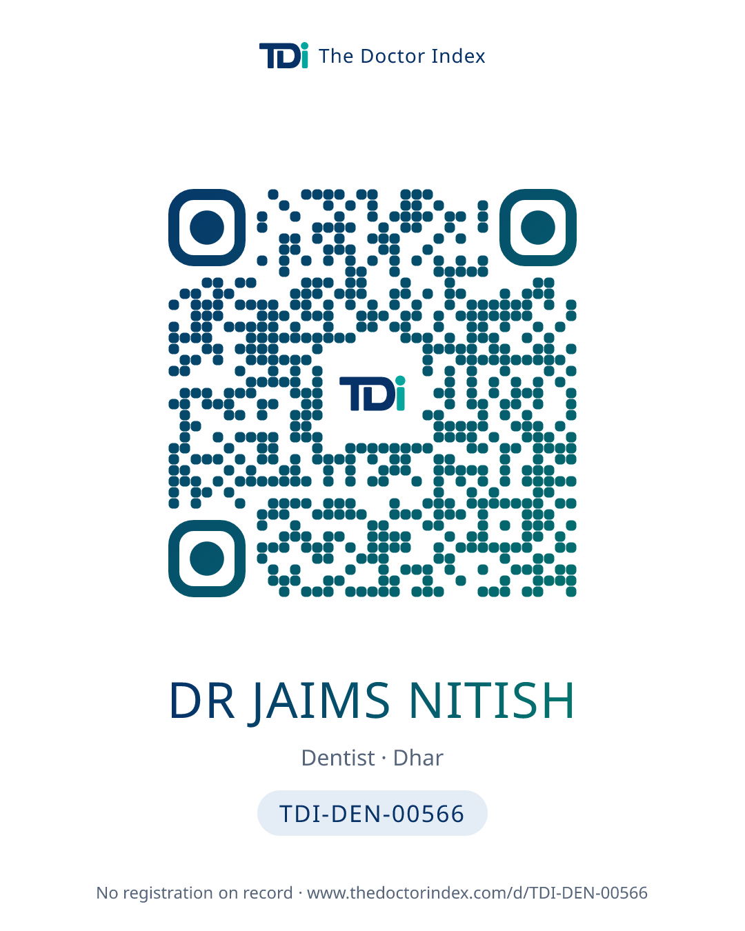 QR card for Dr Jaims Nitish, TDI-DEN-00566