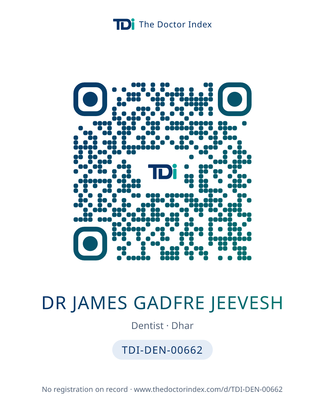 QR card for Dr James Gadfre Jeevesh, TDI-DEN-00662
